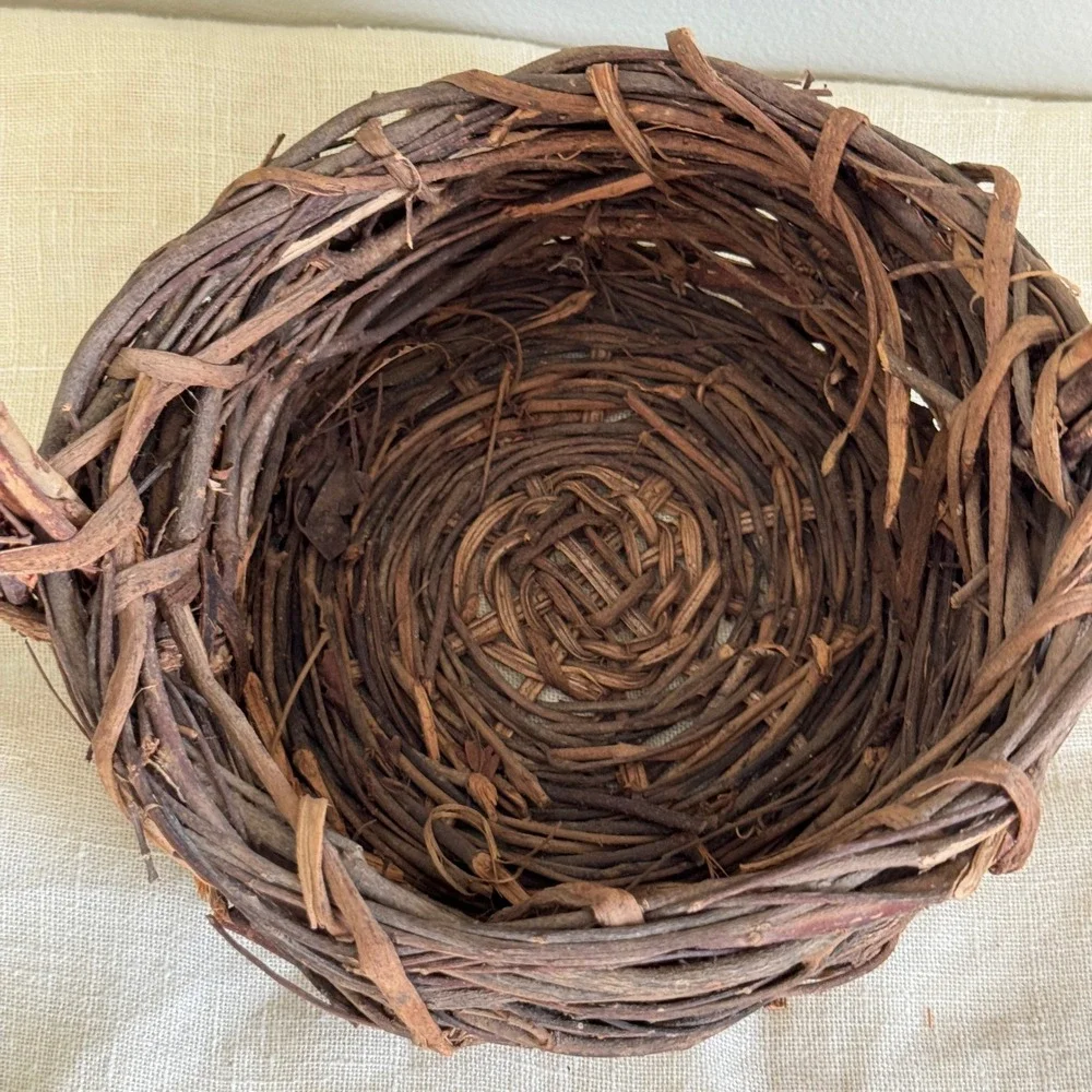 Rustic Grapevine Woven Basket with Handle Natural Wood Farmhouse Decor Primitive